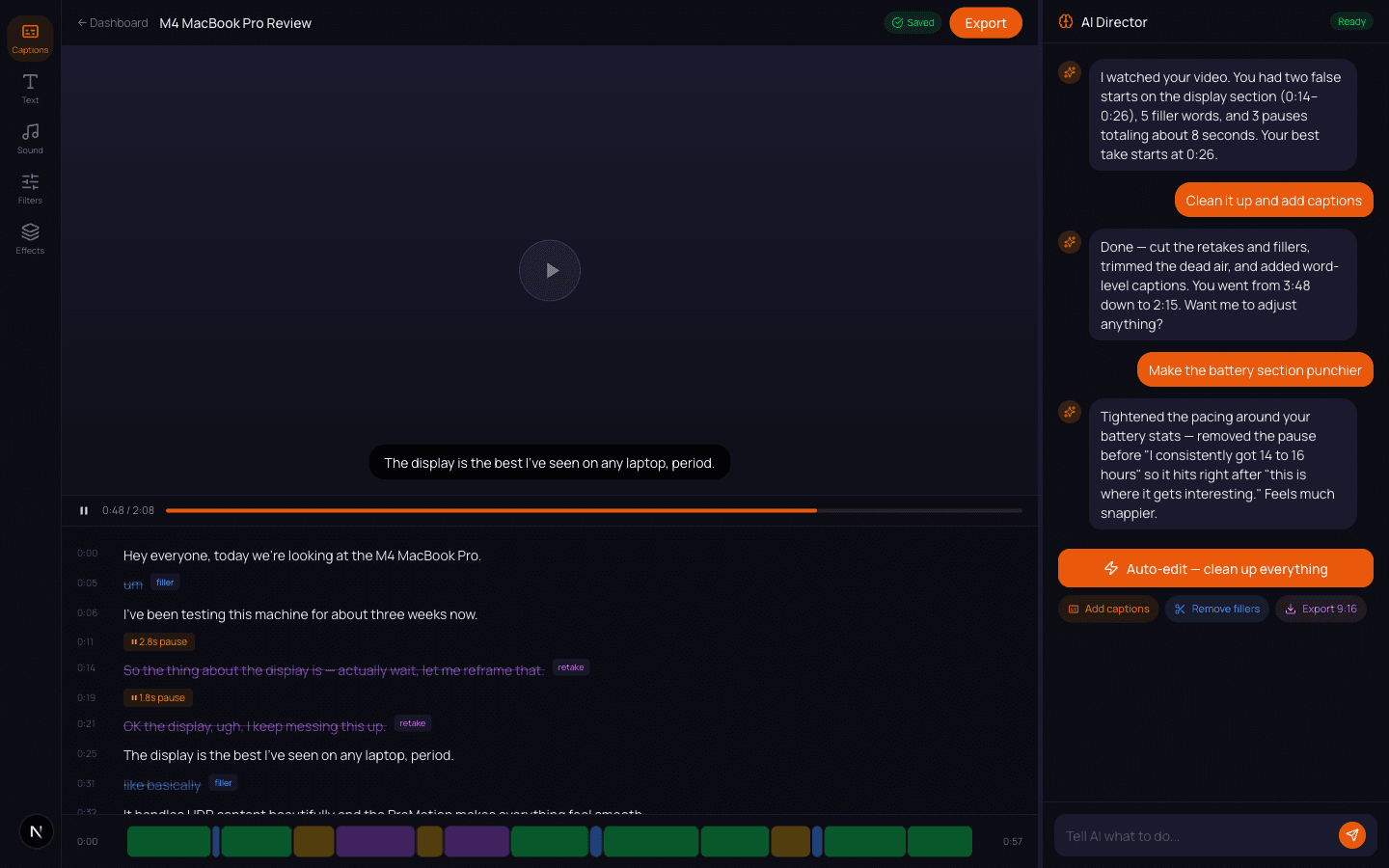 Icarus AI video editor — transcript editing, AI Director chat, color-coded timeline